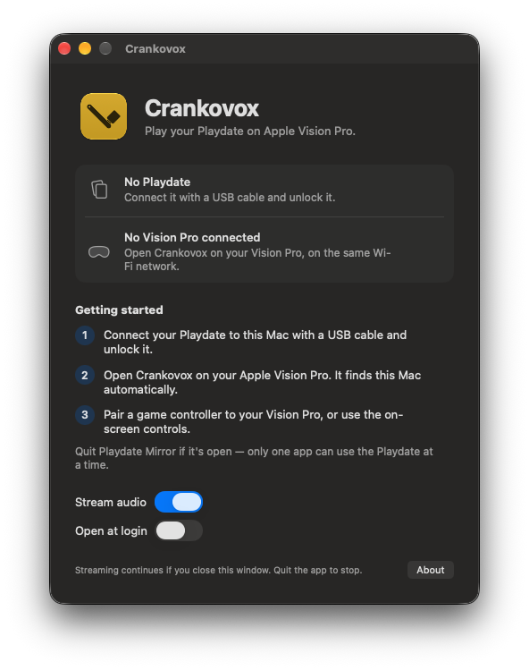 The Crankovox Mac app window, showing connection status and setup steps